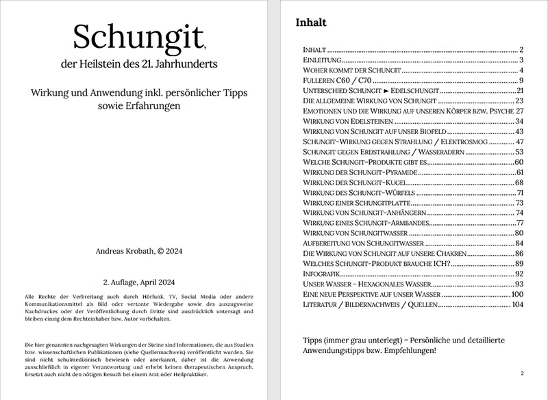 Schungit Buch - Inhaltsverzeichnis 2. Auflage